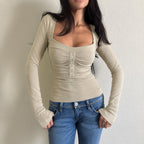 Square-Neck Pleated Long-Sleeve Top