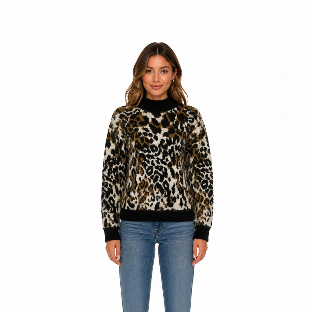 Women's Leopard Print Mock-Neck Sweater