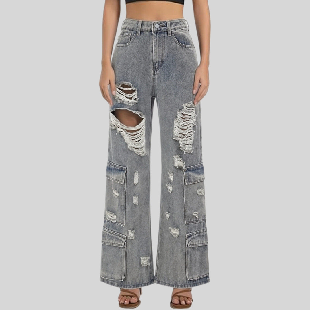 HW Ripped WLged Jeans Women Loose Slimming Washed Multi