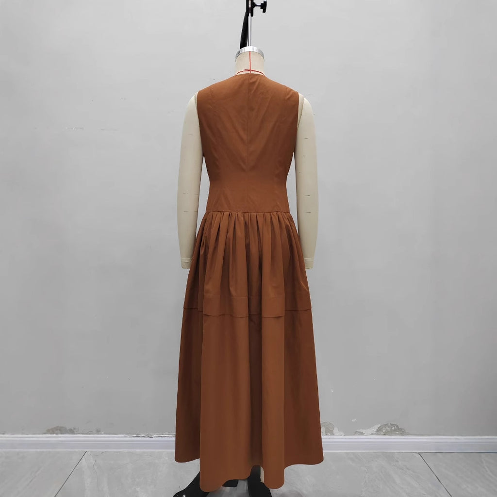 Women's Brown Sleeveless Layered Maxi Dress