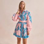 Women's Collared Printed Belted Button Long-Sleeve Dress