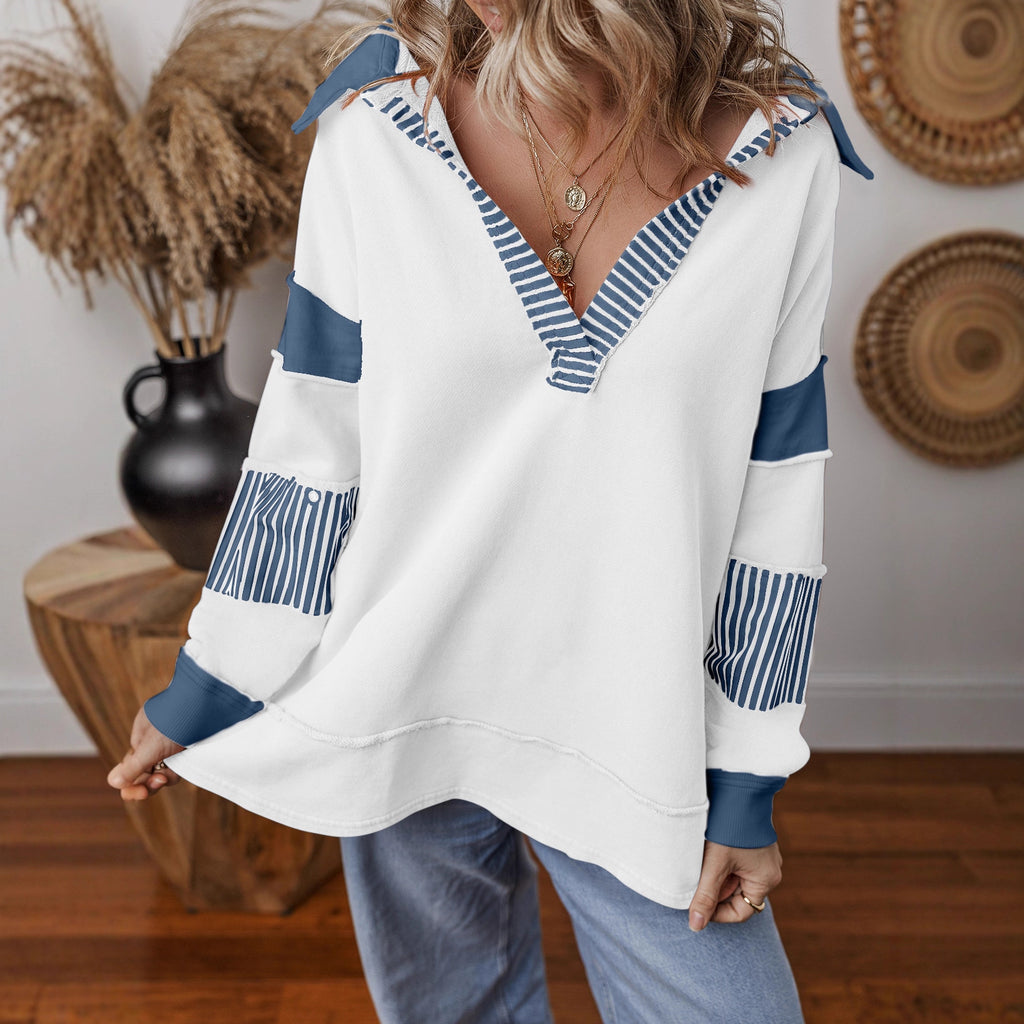 Women's Casual All Match Deep V Plunge Neck Pullover Stripe Color Matching Long Sleeve Loose Sweatshirt Top