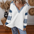 Women's Casual All Match Deep V Plunge Neck Pullover Stripe Color Matching Long Sleeve Loose Sweatshirt Top
