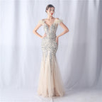 Women's Ostrich Feather Mesh Floral Sequin Wedding Evening Dress