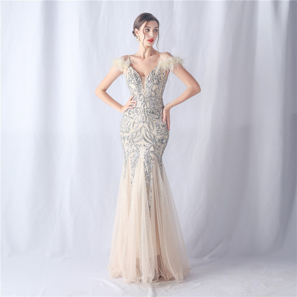 Women's Ostrich Feather Mesh Floral Sequin Wedding Evening Dress