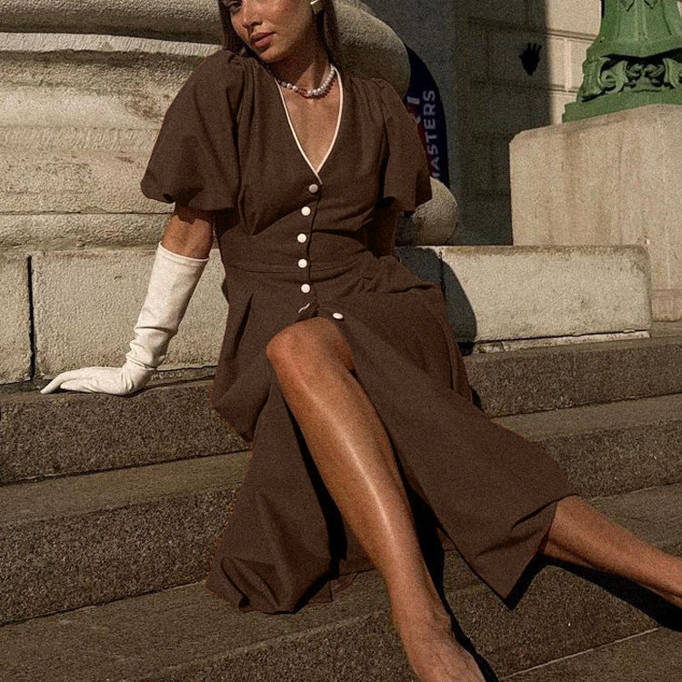 Women's V-Neck Button Ruched Puff-Sleeve A-Line Maxi Dress