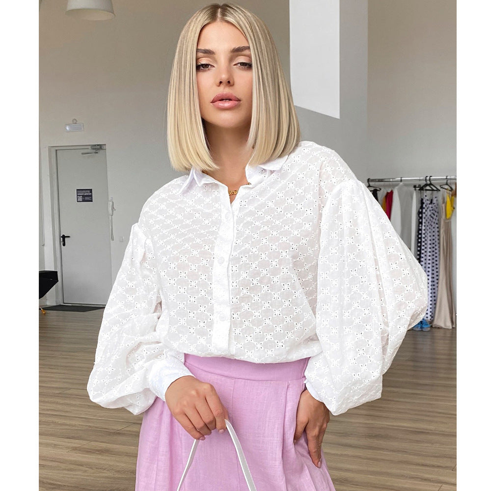 Women's Lantern Sleeve Jacquard Shirt Wild Polo Collar Small Hollow Out