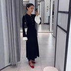Collared Long-Sleeve Knit A-Line Maxi Dress