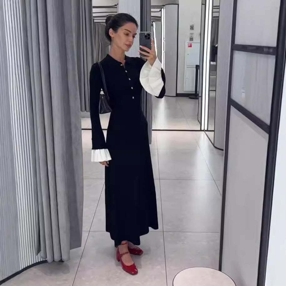Collared Long-Sleeve Knit A-Line Maxi Dress