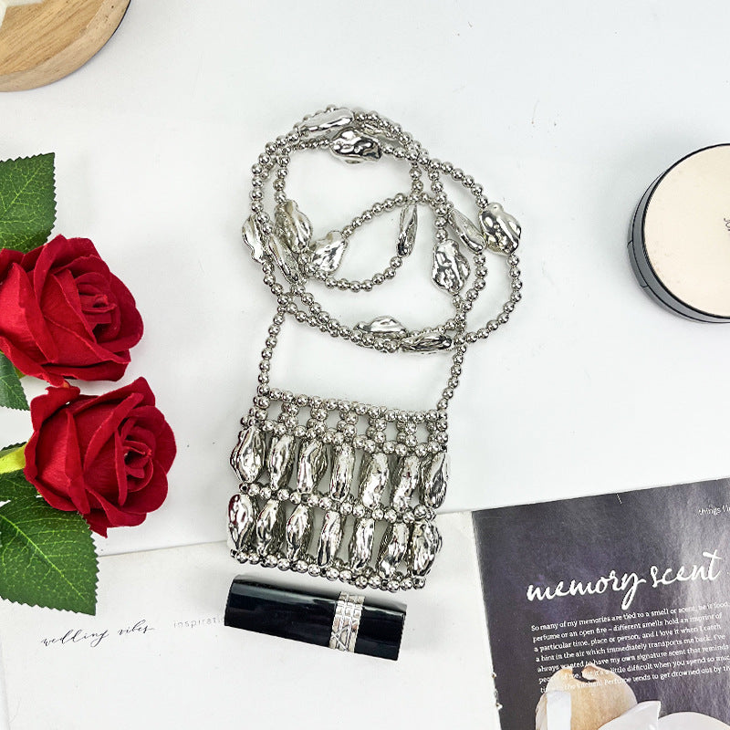 Women's Irregular Asymmetric Shaped Handmade Beaded Bag Mini Lipstick Pack With Chain Crossbody Pouch