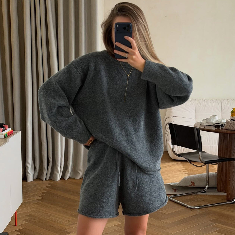 Spring Summer round Neck Loose Sweater High Waist Knit Shorts Casual Two Piece Sets