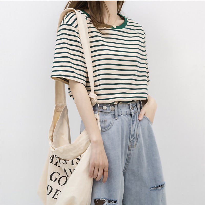 Women's Short Sleeved T Shirt Summer Thin Loose Cotton Green Striped T Shirt Women Top Clothes