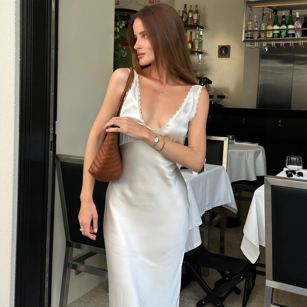 Women's White Satin V-Neck Ruched Midi Dress