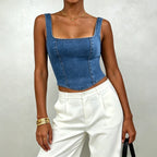 Sexy Short Denim Tube Top Vest Women Zipper Slim Fit Slim