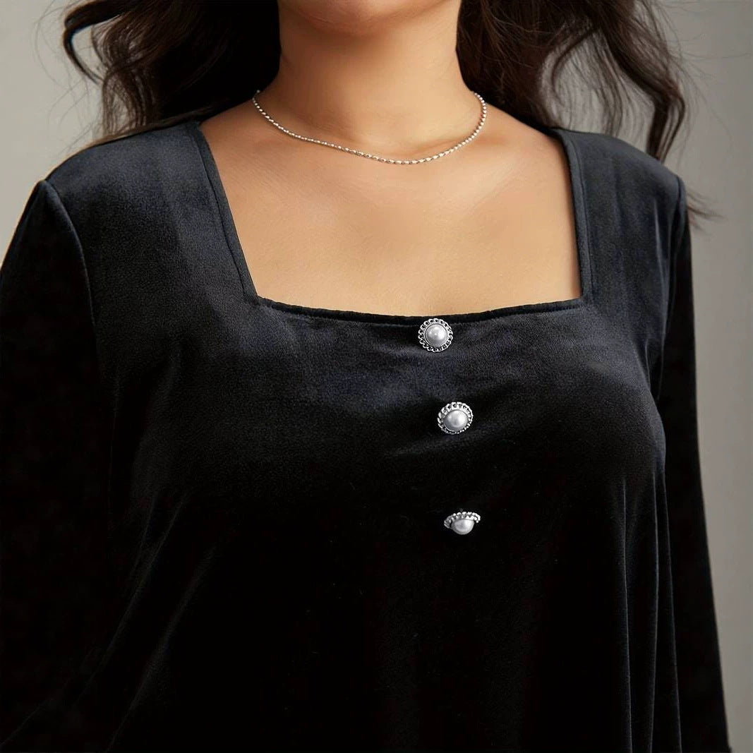 Plus Size Women Velvet Top Square Collar Lantern Sleeve Design Affordable Luxury Slim Looking Belly Covering Long Sleeve Top