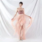 Women's Floral Sequin Stitching Mesh Strapless Dress