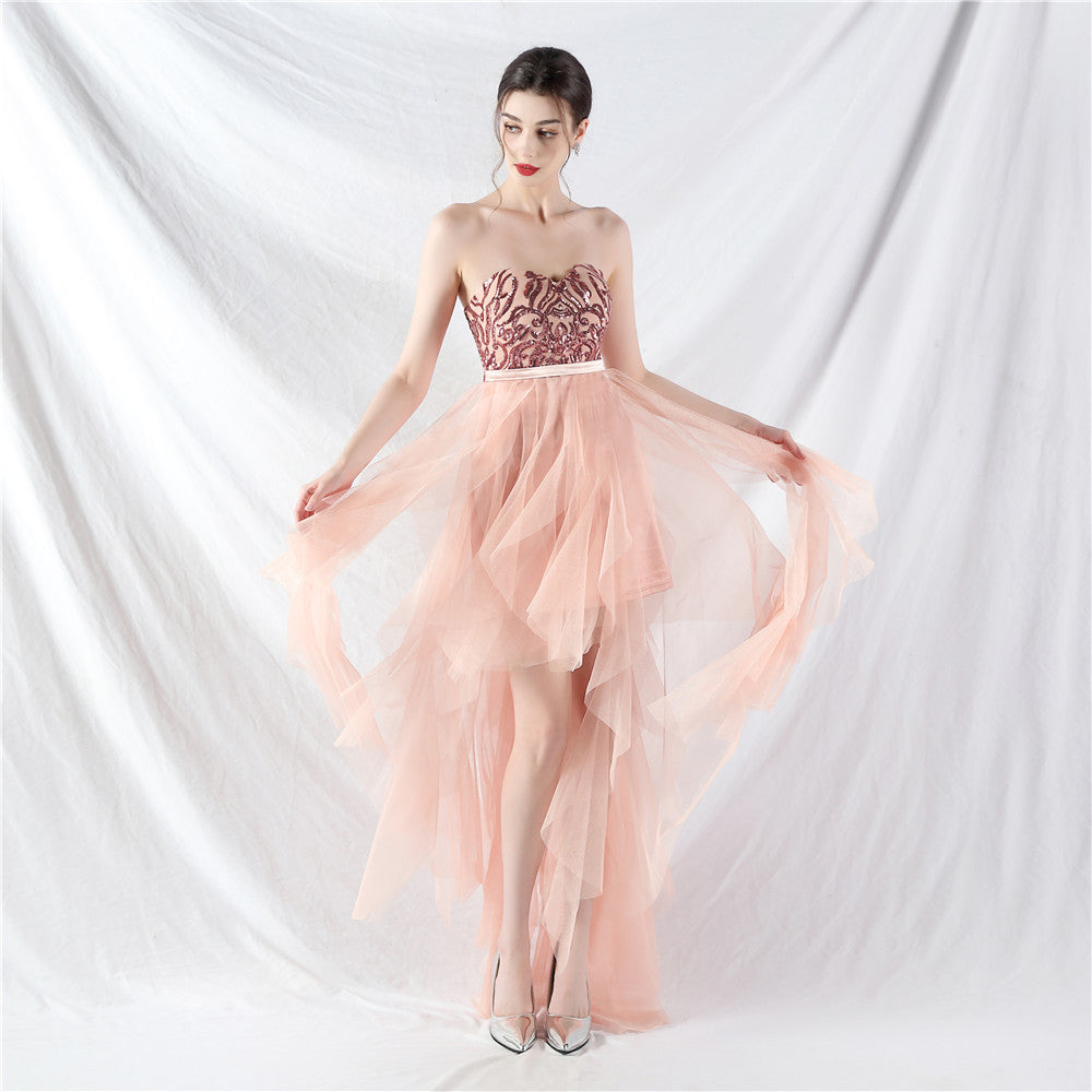 Women's Floral Sequin Stitching Mesh Strapless Dress