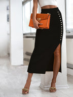 Summer Sunken Stripe Rib Split Button Skirt