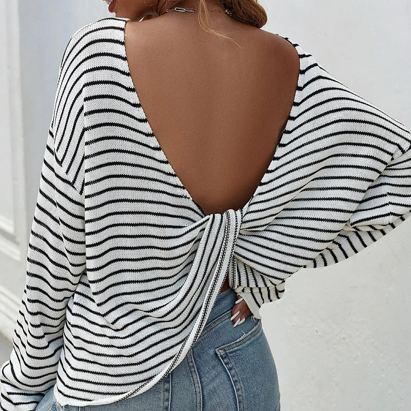 Women's Striped Long Sleeve Backless Cross Top