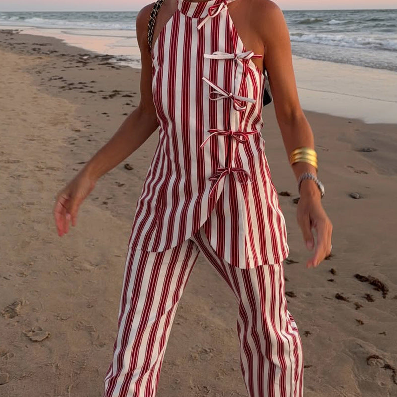 Vacation Striped Women Summer Halter Sleeveless Bow Lace up Trousers Casual Two Piece Set
