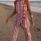 Vacation Striped Women Summer Halter Sleeveless Bow Lace up Trousers Casual Two Piece Set