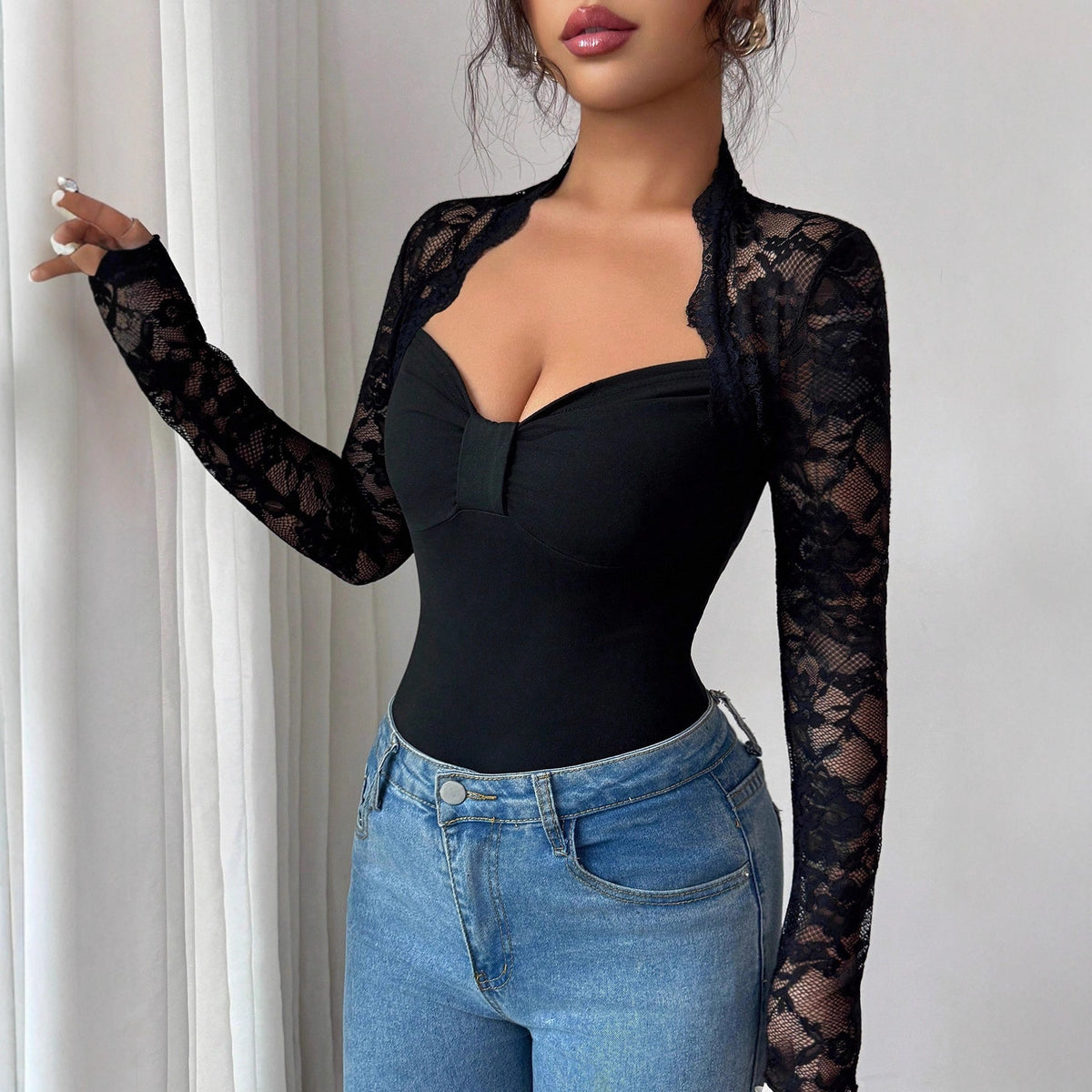 Lace Patchwork Knit Long-Sleeve Top