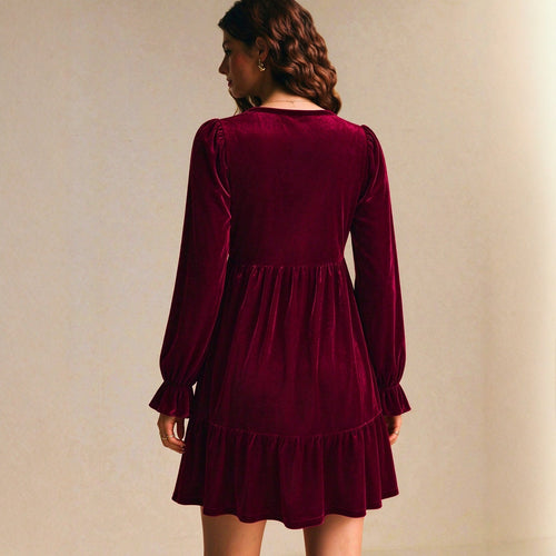 Autumn Winter Velvet V neck Dress Bubble Long Sleeve Ruffled Waist Slimming A line Dress