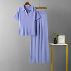 Polo Collar Pullover Short-Sleeve Top Slimming Solid Color Wide Leg Trousers Knitted Suit Set