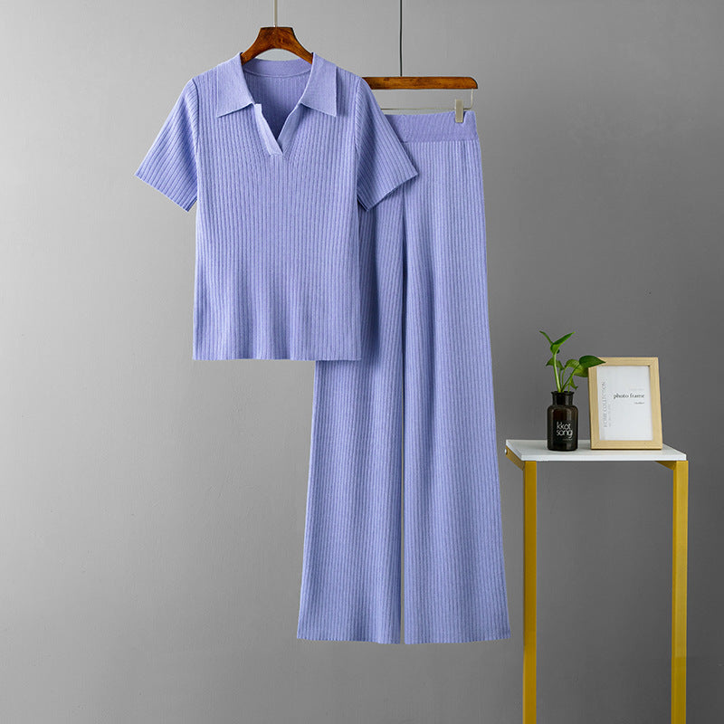 Polo Collar Pullover Short-Sleeve Top Slimming Solid Color Wide Leg Trousers Knitted Suit Set