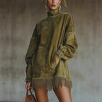 Women's Suede Tassel Long Sleeve Dress