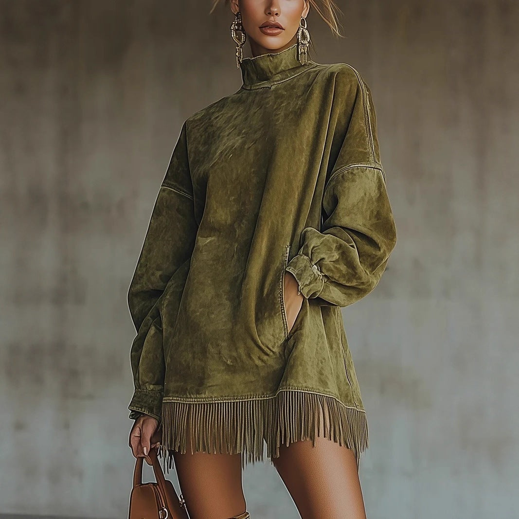 Women's Suede Tassel Long Sleeve Dress