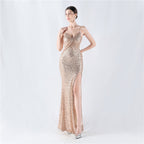 Encryption Sequin Sexy High Fork Strap Evening Dress