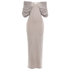 Maxi spring dress, light gray, off-shoulder gathered sleeves with center knot detail