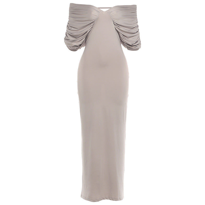 Maxi spring dress, light gray, off-shoulder gathered sleeves with center knot detail