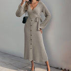 Women's Autumn Winter Midi V Neck Solid Color Button Lace Dress