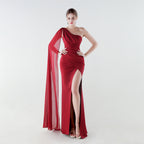 Women's Satin Chiffon One-Shoulder Ribbon Fishtail High Slit Fit Evening Dress