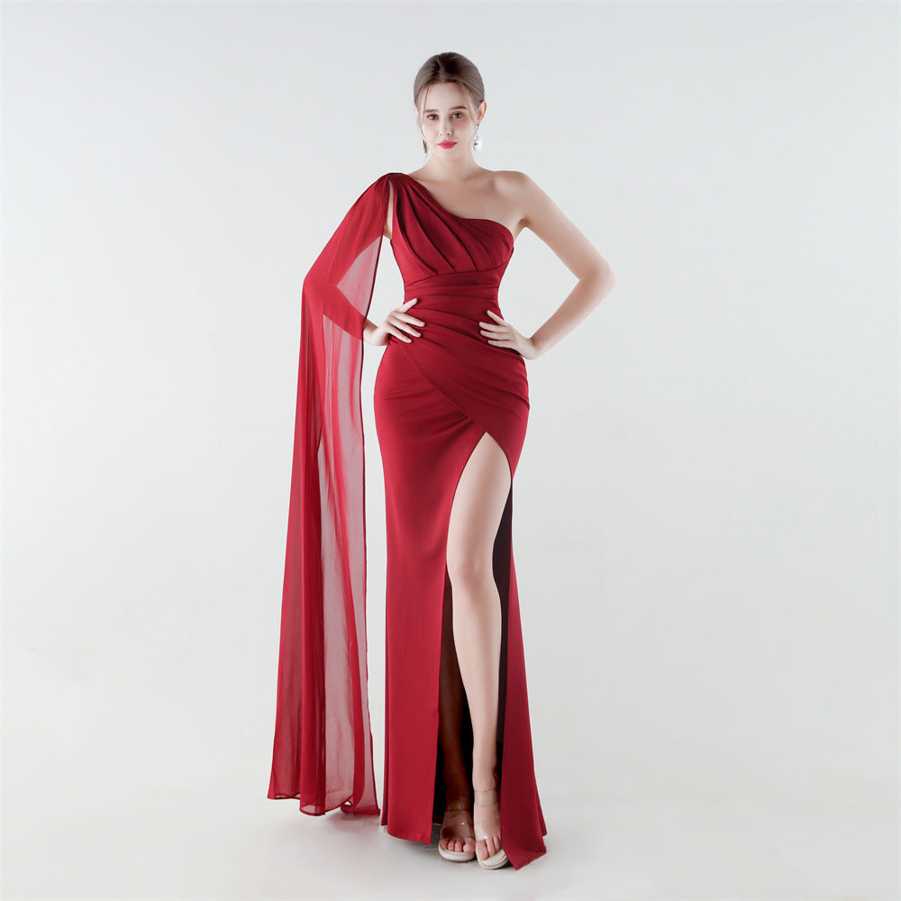 Women's Satin Chiffon One-Shoulder Ribbon Fishtail High Slit Fit Evening Dress