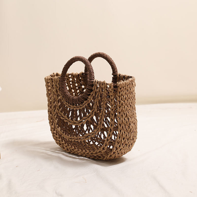 Women's Hollowed Out Semicircle Bag Round Handle Contrast Color Bag