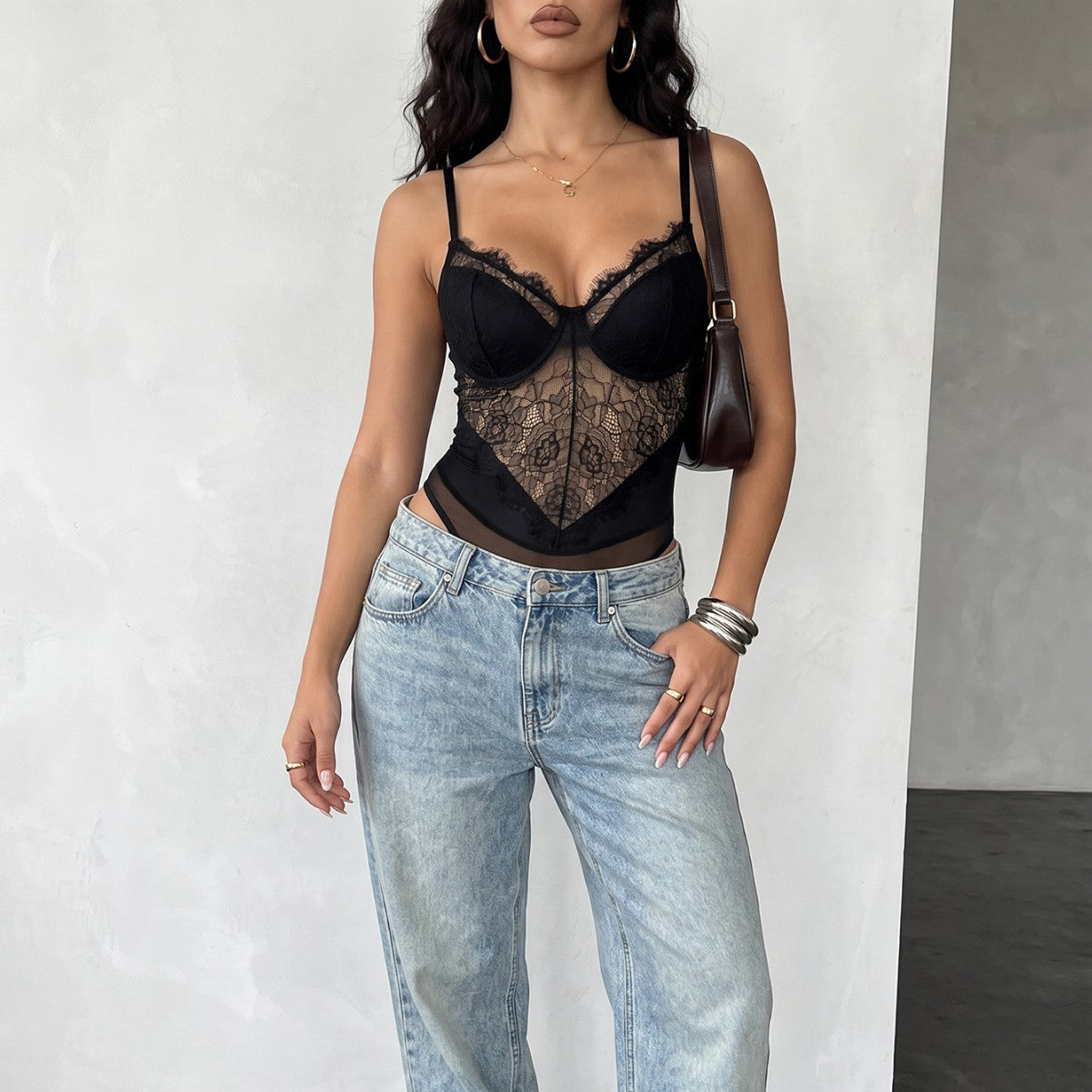 Eyelash Lace V Neck Slim Jumpsuit