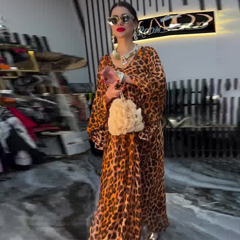 V-Neck Split Irregular Asymmetric Cinched Printed Long Sleeve Dress