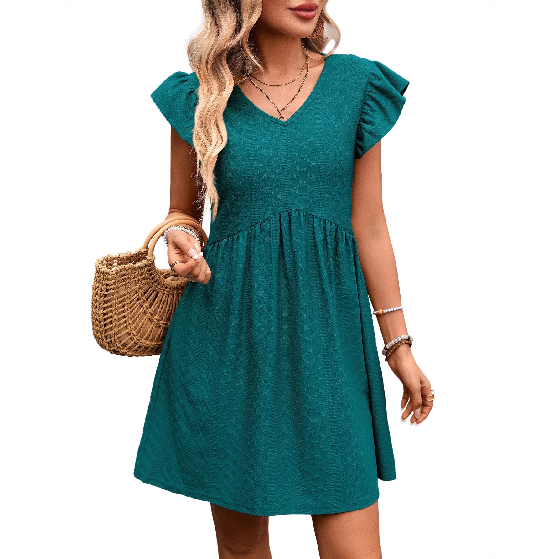 Teal short sleeve V-neck dress with pleated empire waist and flared gathered skirt