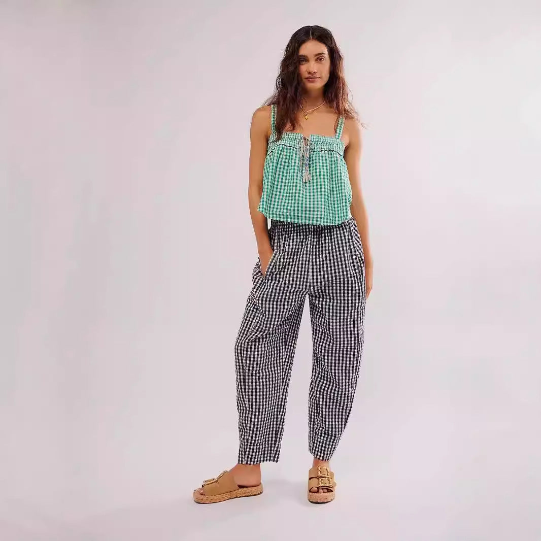 Women's Plaid Straight Leg Pants Women's Thin High Pants