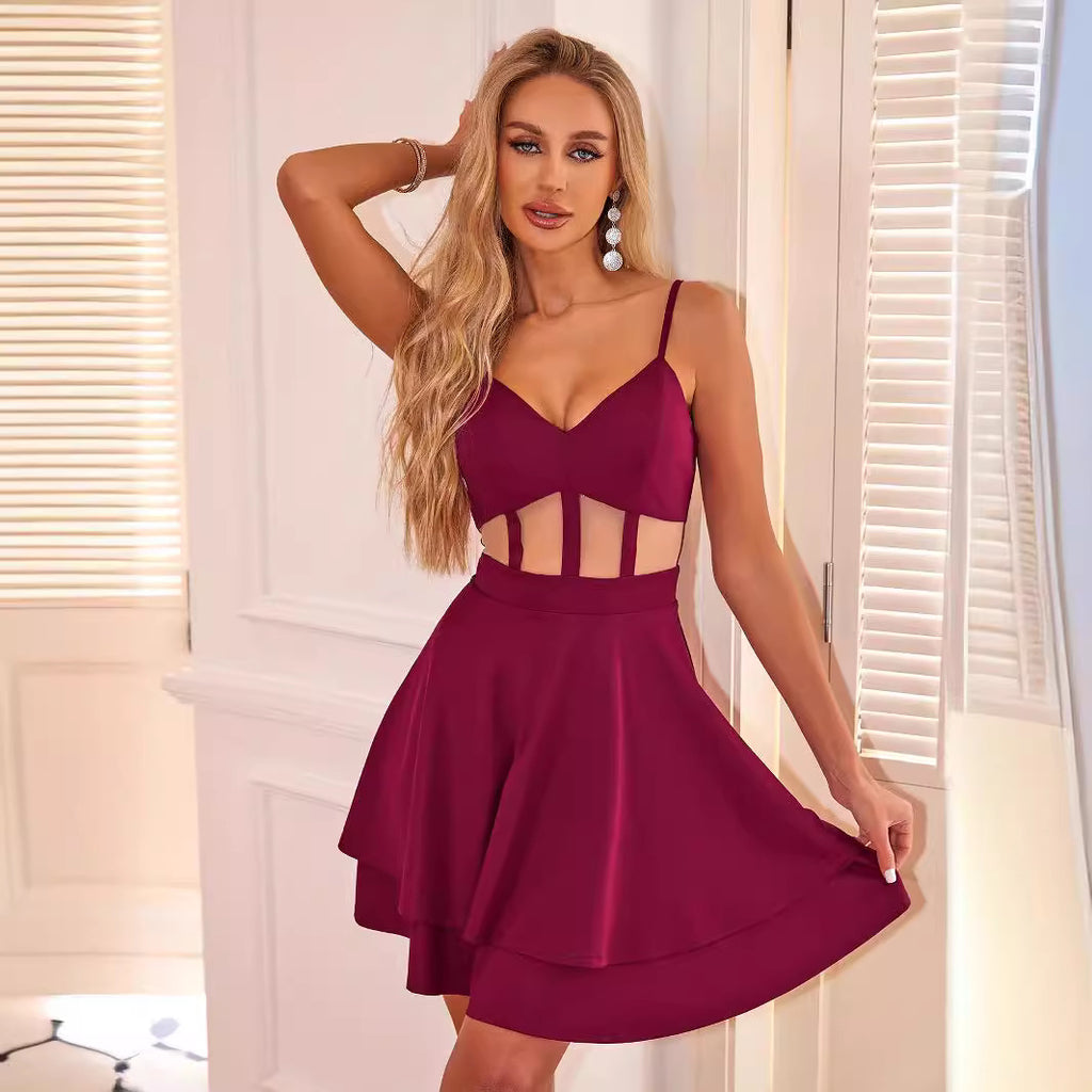 Sheer Mesh Pleated Sling Dress