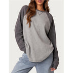 Autumn Winter Women round Neck Long Sleeve Contrast Color Casual T shirt Waffle Top