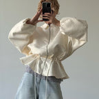 Apricot Texture Jacquard Waist Trimming Short Coat Women