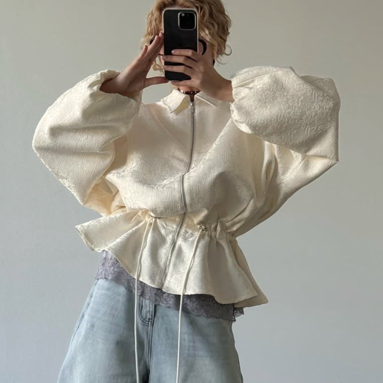 Apricot Texture Jacquard Waist Trimming Short Coat Women