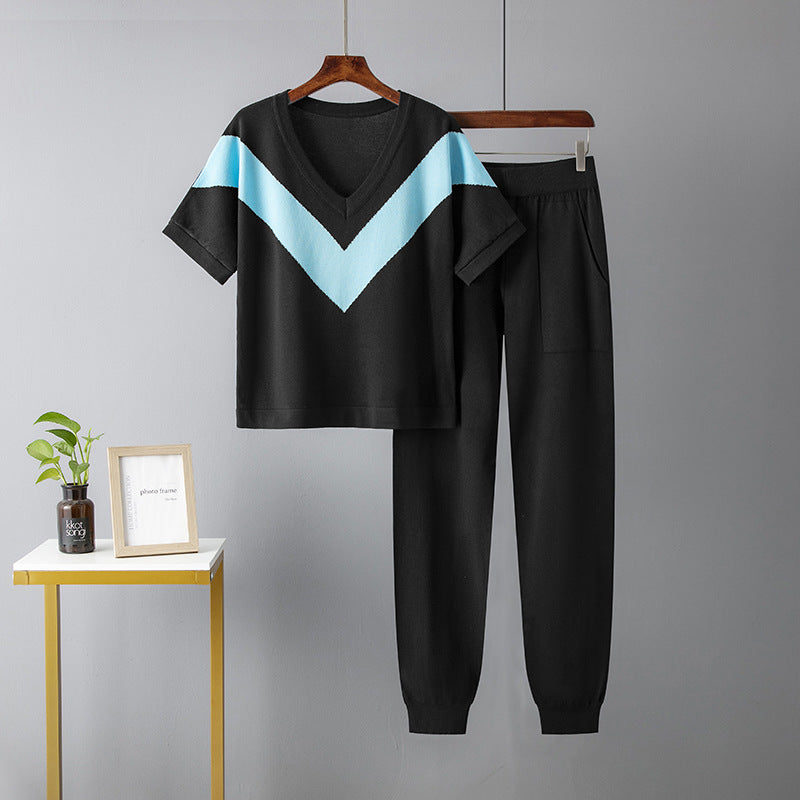 Summer Knitted Top High-Waisted Ankle Banded Suit Two-Piece Set