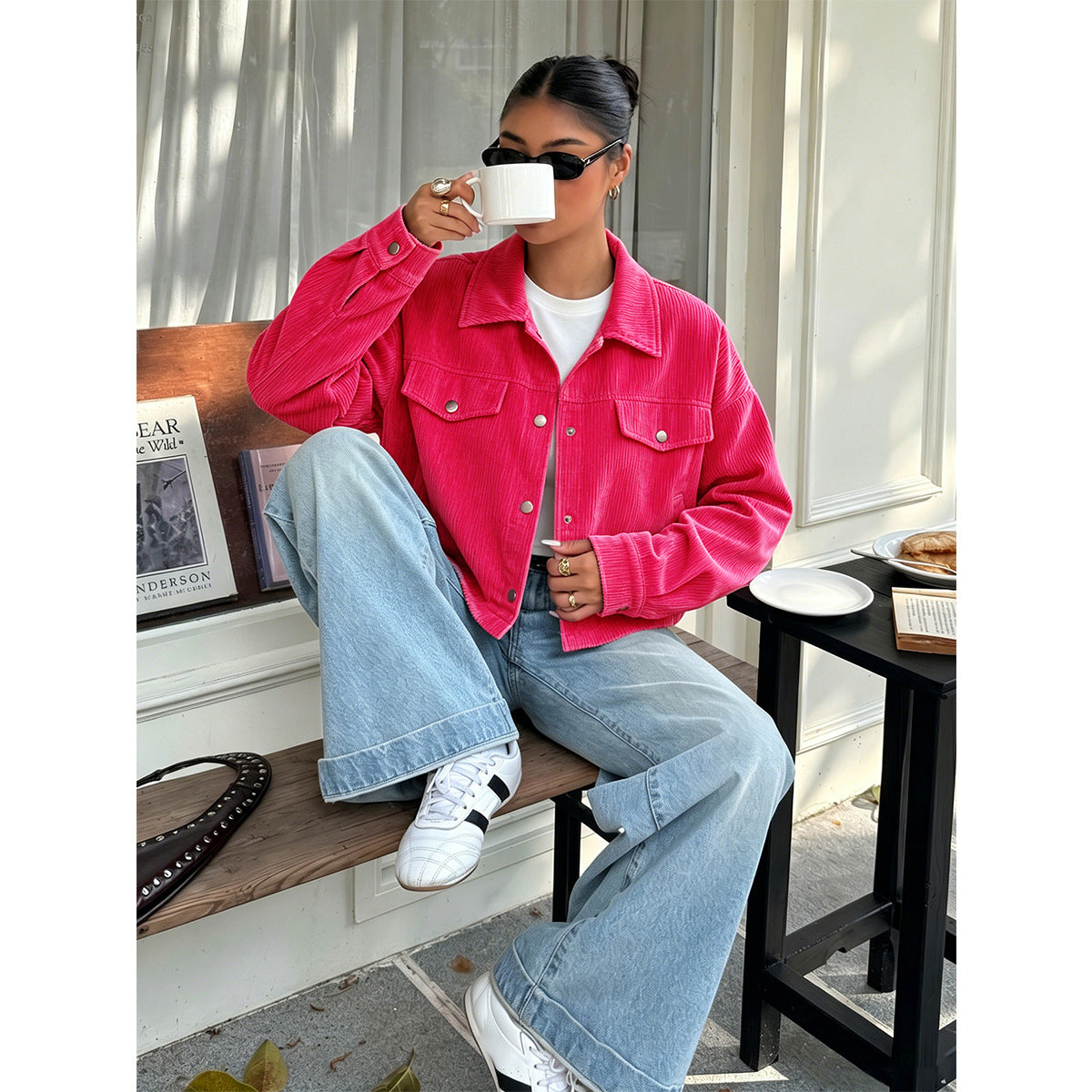 Plus Size Corduroy Collared Short Jacket