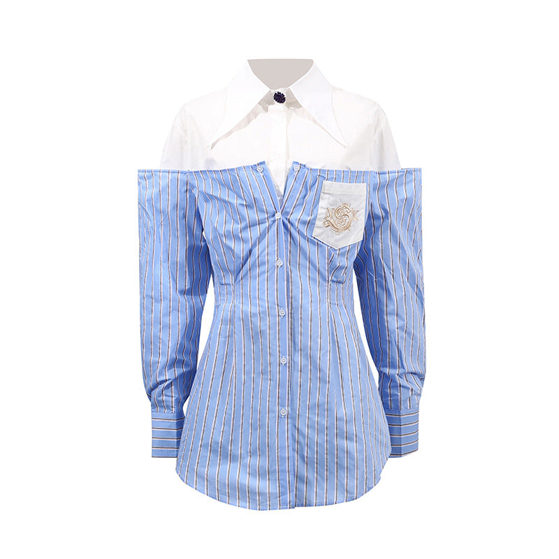 Women's Simple Office Top Women Summer Comfort Faux Two Pieces Casual Striped High Grade Women Shirt