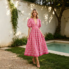 Pink midi tea dress, puff sleeves and V-neck, full tiered skirt pattern